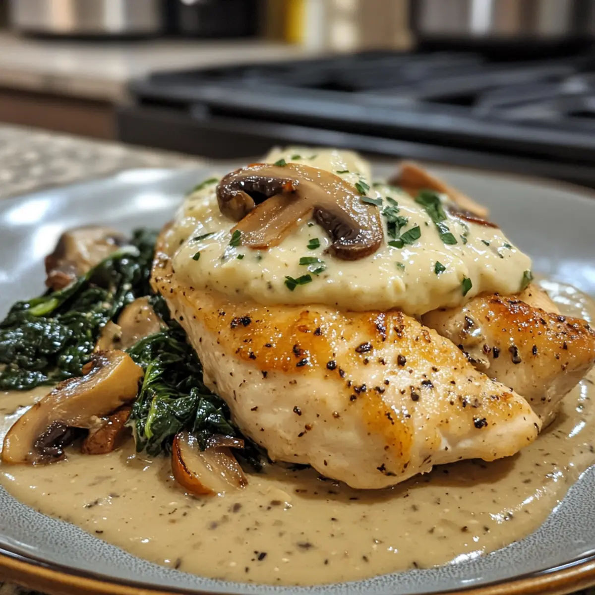 Savory Chicken With Creamy Mushroom Purée & Swiss Chard Delight