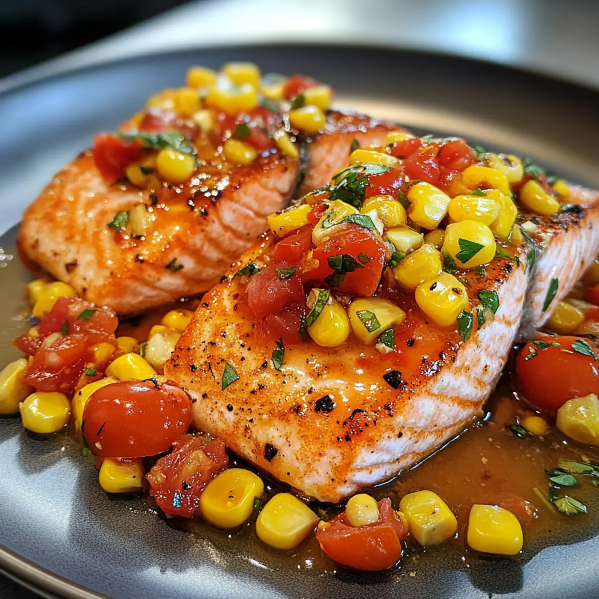 Flavor-Packed Savory Oven-Seared Salmon With Corn and Tomatoes