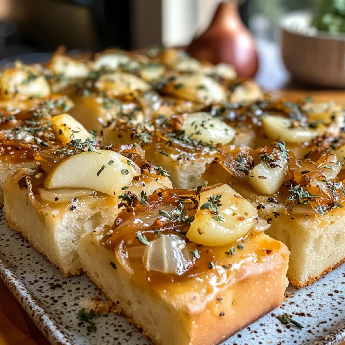 Irresistible Savory Focaccia with Caramelized Onions, Pear & Blue Cheese