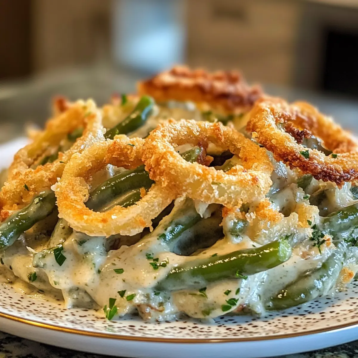 Irresistible Creamy Green Bean Casserole with Onion Rings Recipe