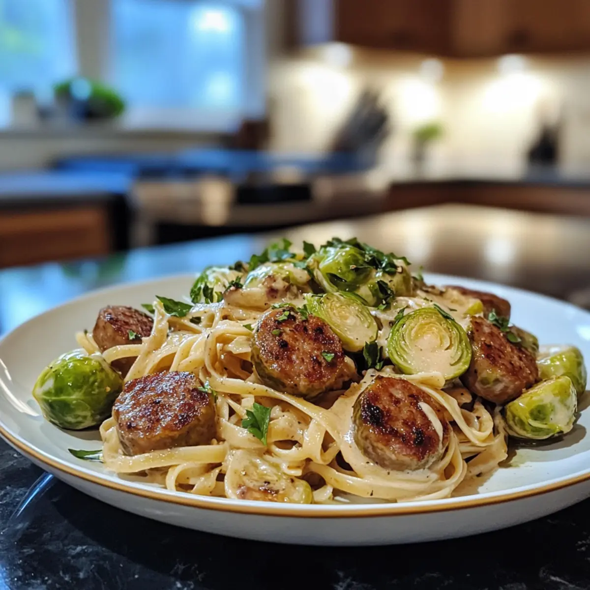Cozy Autumn Dinner: Savory Sausage, Creamy Pasta, Brussels Sprouts Delight