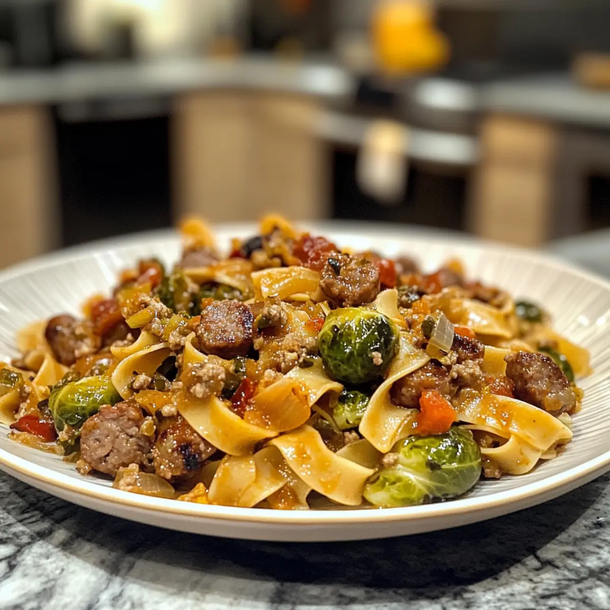 Hearty Cozy Autumn Dinner: Sausage, Pasta, Brussels Sprouts Delight