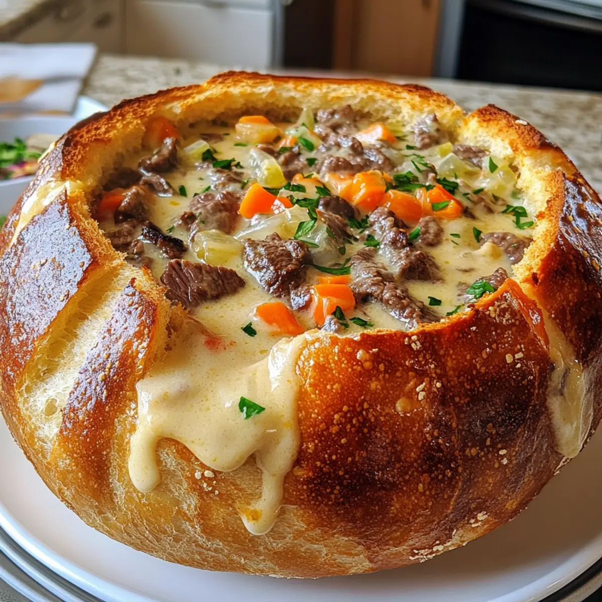 Ultimate Creamy Philly Cheese Steak Soup in a Bread Bowl Recipe