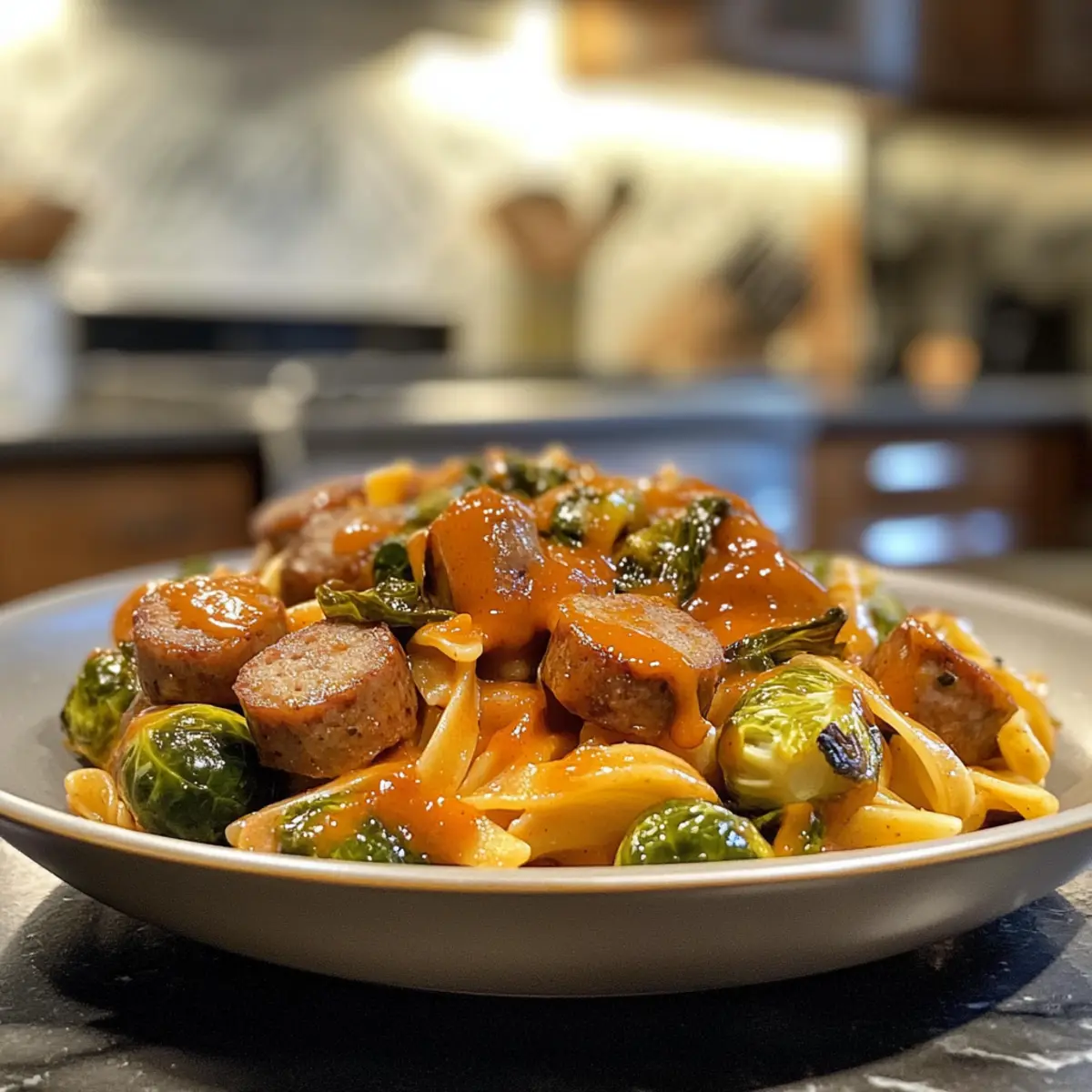 Cozy Rich Autumn Dinner: Sausage, Pasta, Brussels Sprouts Delight