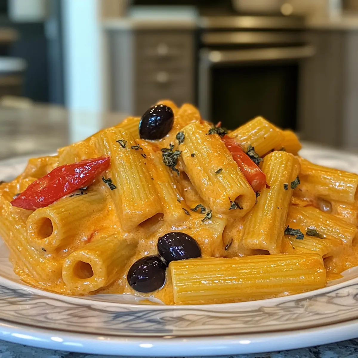 Irresistible Creamy Baked Rigatoni With Red Peppers & Olives