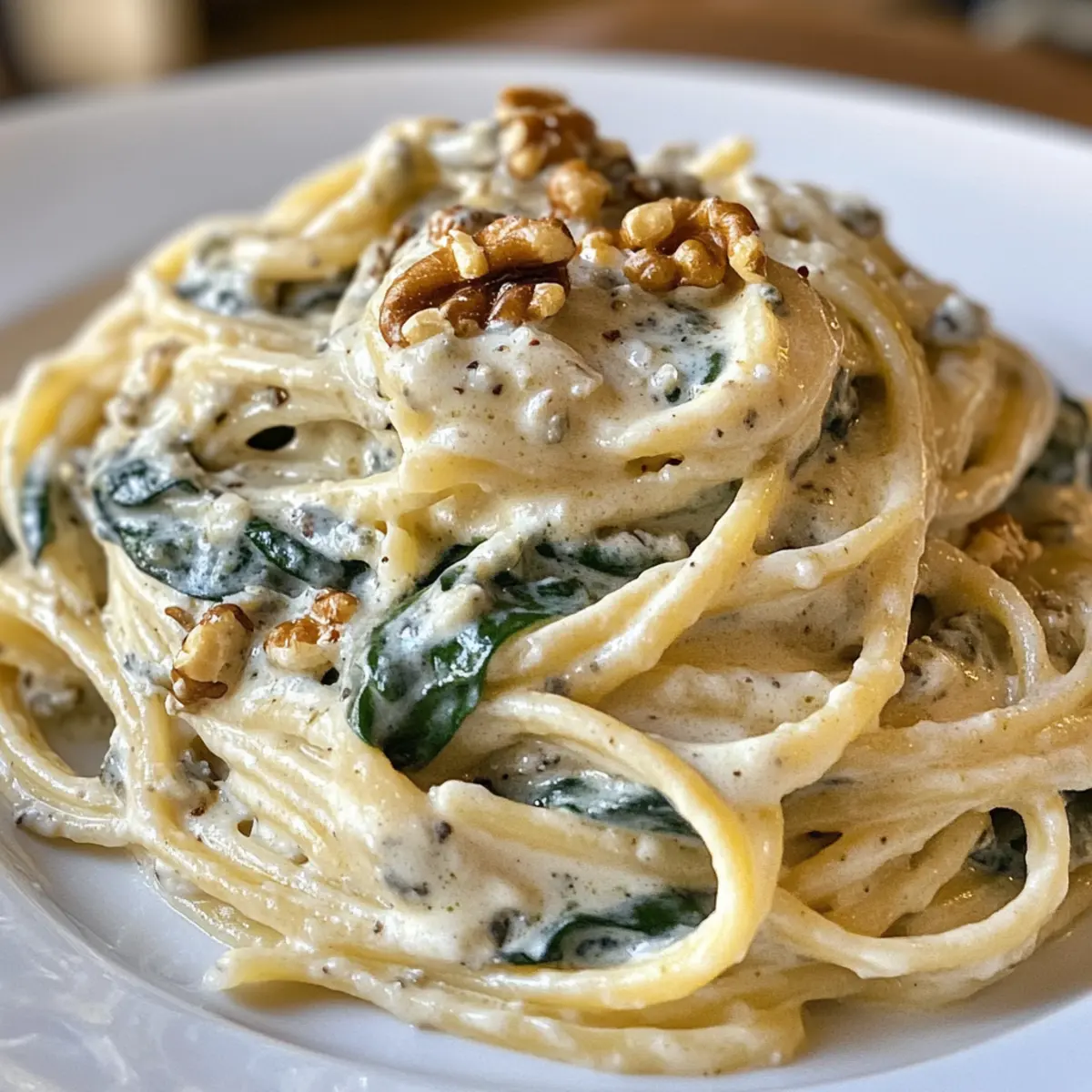 Irresistible Creamy Blue Cheese Pasta with Spinach & Walnuts