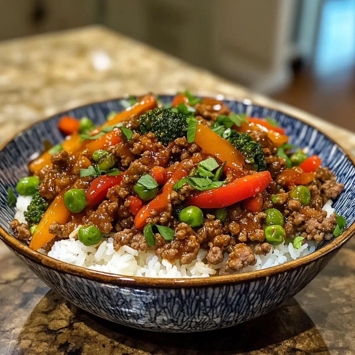 Spicy Ground Beef Stir-Fry Bowl with Garlic Veggies & Steamy Rice