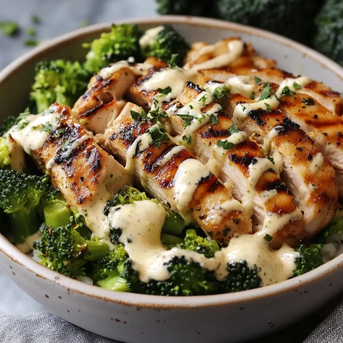 Amazing Grilled Chicken and Broccoli Bowls with Creamy Garlic Sauce
